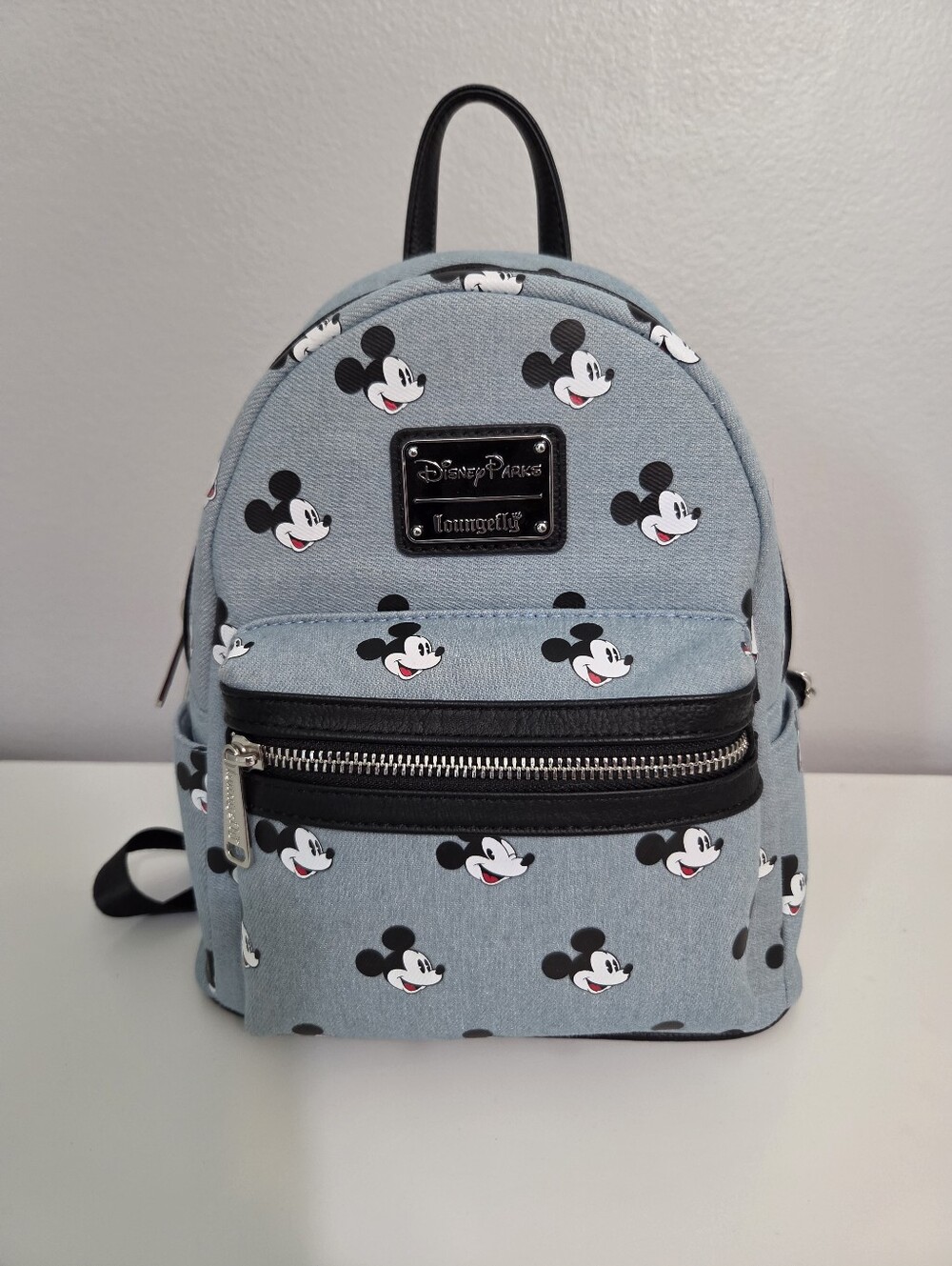 Disney Parks Loungefly Mickey Mouse Face Patterned Blue Backpack Leather Straps